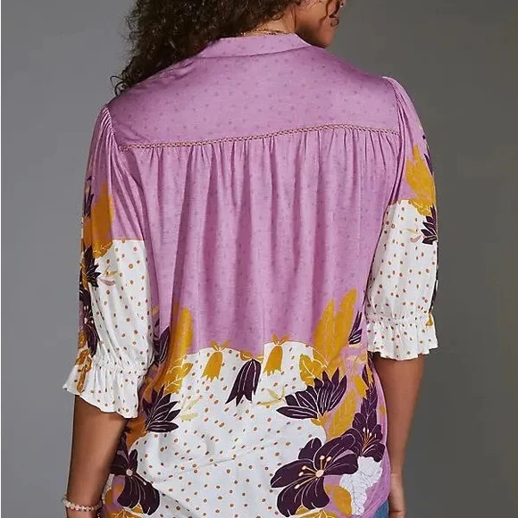Anthropologie Blnk Stephanie Purple Gold Floral Long Sleeve Top NWT!, Size M - Picture 3 of 10